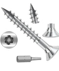 Heavy Duty Wood Screws With Torx Star Drive Heads And Countersunk Points For Quick Deck Builds Plus Hella Rock Solid Grip On Lumber Projects Includes Two Hundred Galvanized Steel Fasteners In A Compact Carry Bag That Never Strips Or Backs Out Early with threaded design and Torx head for secure fastening.