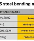 HRB-25 steel bending machine specifications including voltage, power, bending range, and weight for construction use.