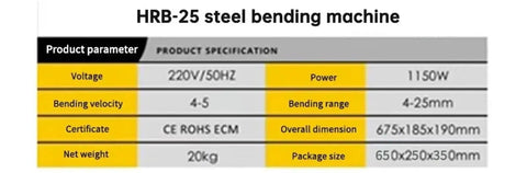 HRB-25 steel bending machine specifications table showing voltage, power, and bending range for heavy duty rebar bender.