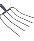 Durable Heavy Duty Multi Functional Manure Fork Handheld Tool For Outdoor Farming And Lawn Maintenance Great For Grass Cleanup And Yard Work Farm Chore Helper With Easy Grip Handle shown in iron material side view.