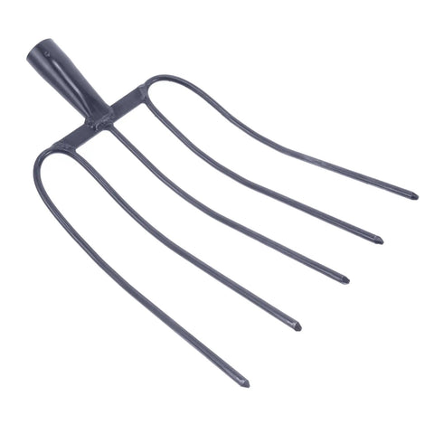 Durable Heavy Duty Multi Functional Manure Fork Handheld Tool For Outdoor Farming And Lawn Maintenance Great For Grass Cleanup And Yard Work Farm Chore Helper With Easy Grip Handle shown in iron material side view.