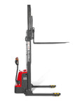 Heavy Duty Electric Straddle Stacker 3300 Lb Capacity with lift forks, showing side profile and polyurethane wheels.