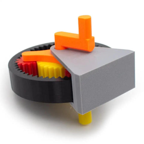 3D Printed PLA planetary gear model in gray, black, and orange for DIY mechanical learning and STEM projects.