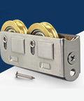 Runs Like A Dream Heavy Duty Sliding Door And Window Pulleys Featuring Dual Bearings stainless steel roller hardware with gold wheels.