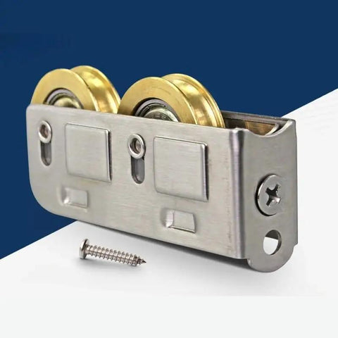 Smooth As Butter Sliding Door And Window Pulley Kit With Heavy Duty Double Bearings For Aluminum Frames Quick Fix Stainless Steel Hardware 4 Piece Set showing stainless steel pulley with double bearings.
