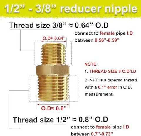 Brass reducer hex nipple, 1/2in x 3/8in NPT male, close-up view