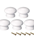 Five Piece White Wooden Cabinet Knobs For Kitchen Drawers And Cupboard Doors, decorative round furniture pulls with included screws.