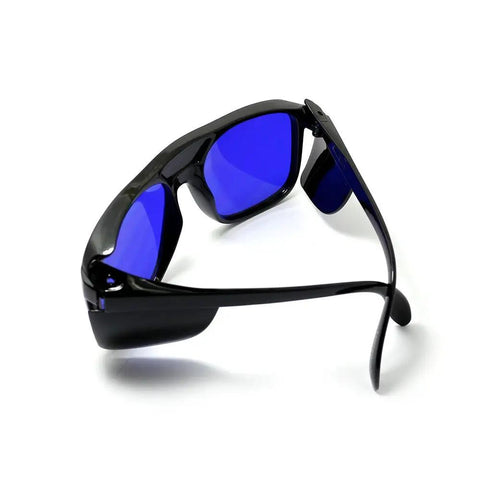 Heavy Duty Laser Safety Goggles For Red Diode Laser Protection OD 5 Plus 600 To 700 Nm Wavelength, black frame with blue lenses.