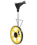 Rock Solid Digital Measuring Wheel with Telescopic Handle and Kick Ass Non Slip Rubber Roller for Pro Surveys or Nifty Home DIY Tasks Metric Inch Switch Top Shelf, yellow wheel and padded grip.