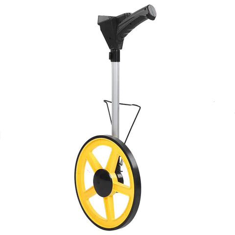 Rock Solid Digital Measuring Wheel with Telescopic Handle and Kick Ass Non Slip Rubber Roller for Pro Surveys or Nifty Home DIY Tasks Metric Inch Switch Top Shelf, yellow wheel and padded grip.