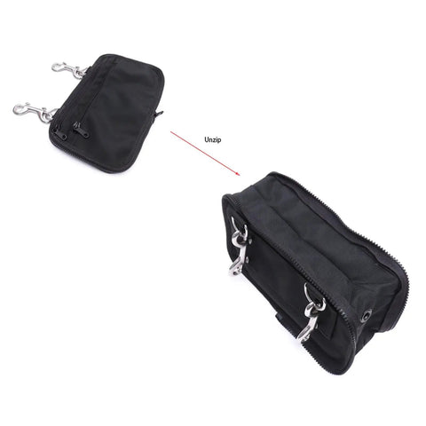 Diving Sidemount Storage Bag With Nylon Pouches And Double Ended Hook for water sports, shown open and closed, 250x150x80mm.