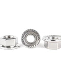 Close-up of 4 Piece M12 X 1.25mm Pitch Serrated Flange Nut Set showing hex and serrated flange details, Beefy Stainless Steel 304, Industrial Grade.