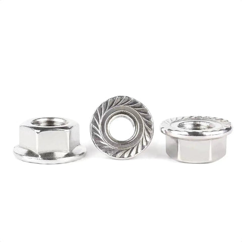 Close-up of 4 Piece M12 X 1.25mm Pitch Serrated Flange Nut Set showing hex and serrated flange details, Beefy Stainless Steel 304, Industrial Grade.