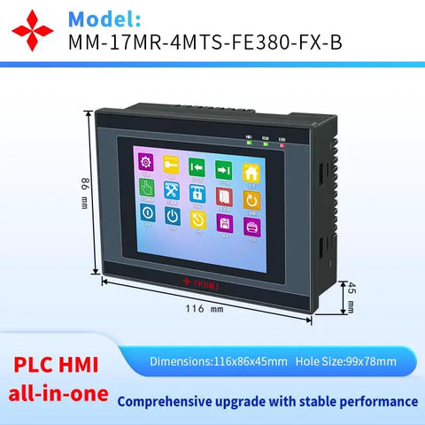 3.8 Inch PLC HMI All In One Integrated Programmable Logic Controller with touchscreen and dimensions 116x86x45mm displayed
