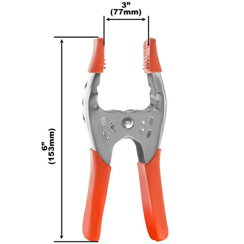 Single clamp from Twenty Four Pack Of Heavy Duty Six Inch Spring Metal Clamps With 2.5 Inch Jaw Opening, shown with dimensions