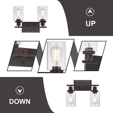 Two Light Industrial Wall Mount Sconces In Oil Rubbed Bronze With Clear Glass Shades For Bathroom Bedroom Living Room Kitchen Hallway Dope Look Dimmable Ambience Easy Install, showing up and down installation options, close-up view of finish and bulb details