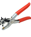Heavy Duty Pro Grade Leather Hole Punch Tool Set With Revolving 6 Size Punches For Belts Watch Bands Straps Dog Collars Saddles Shoes Fabric And DIY Projects From Two Millimeter To Four And A Half Millimeter, with a red handle and metal revolving head.