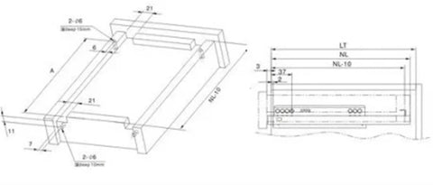 Technical drawing of Full Extension Drawer Slides Pair With Press-To-Release Push Open Under Mount Rails, 20 Inch Long, 500MM.