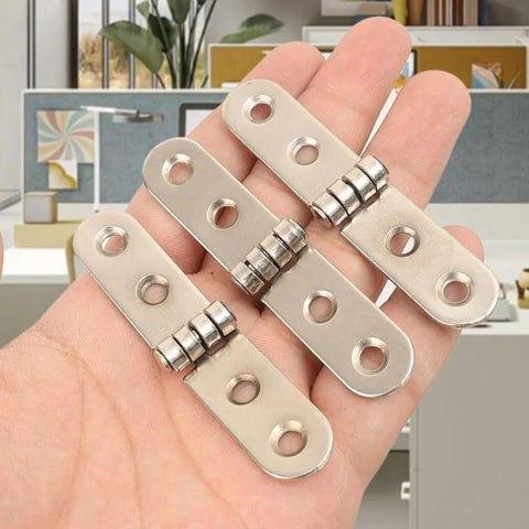 Hand holding metal 180 degree foldable hinge for DIY projects, suitable for wooden boxes and cabinet doors, rust resistant, heavy duty.