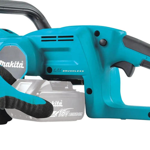 Close-up of XCU11Z 18V LXT Brushless Cordless Chainsaw Tool Only with rear handle and battery slot, blue and black finish