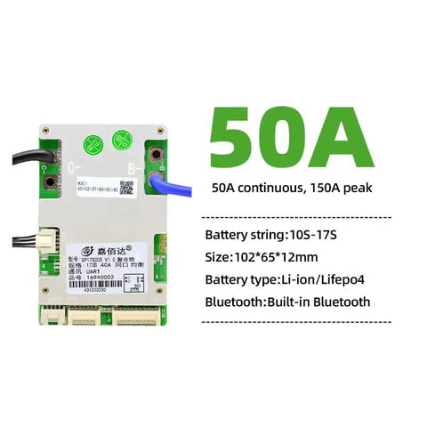 Heavy Duty 10S To 17S LifePo4 BMS Protection Board With Built In Bluetooth, 50A continuous, compact size for E Bike Scooter.