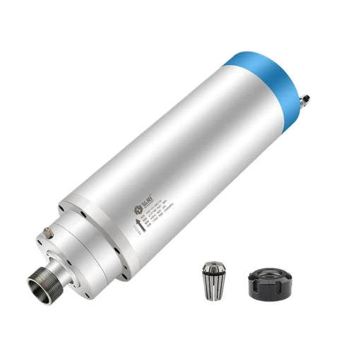 Badass Water Cooled Spindle Motor With Snug Er32 Collet For CNC Router And Tough Stone Carving Jobs 7.5Kw 220V Plus 380V, showing motor and collet.