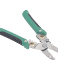 No Sweat Heavy Duty Spring Loaded Wire Stripper Multifunctional Terminal Crimping Tool With Rugged Stainless Steel Construction For Electricians, green and black ergonomic handles.