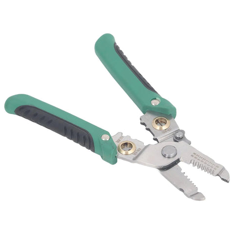 No Sweat Heavy Duty Spring Loaded Wire Stripper Multifunctional Terminal Crimping Tool With Rugged Stainless Steel Construction For Electricians, green and black ergonomic handles.