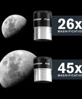 StarSense Explorer 114AZ App Enabled Telescope for Beginners with eyepieces showing 26x and 45x moon magnification.