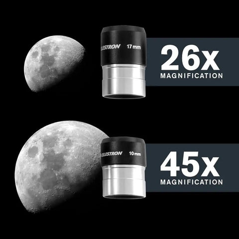 StarSense Explorer 114AZ App Enabled Telescope for Beginners with eyepieces showing 26x and 45x moon magnification.