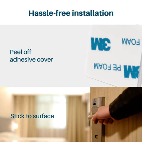 Installation process of two pack kid friendly child proof door lever locks with 3M adhesive, showing peel and stick application.