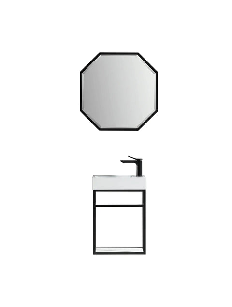 16 Inch Bathroom Vanity With Sink Combo For Small Spaces Industrial Wall Mounted Cabinet Set Modern Narrow Depth Bath Vanity For Tiny Bathrooms Space Saver Design With Built In Storage And Easy Install For Small Bathrooms, shown with octagonal mirror and black faucet.