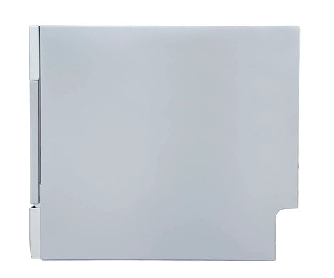 Sleek Compact Countertop Dishwasher With Delay Start And Seven Wash Cycles Portable Kitchen Essential Featuring Stainless Steel Interior six place setting capacity, side profile view, silver color.