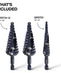 Quick-Release Step Bit Set For Impact Drills, Klein Tools QRST2S, 3-Piece Kit with Aluminum Titanium Nitride Coating displayed vertically