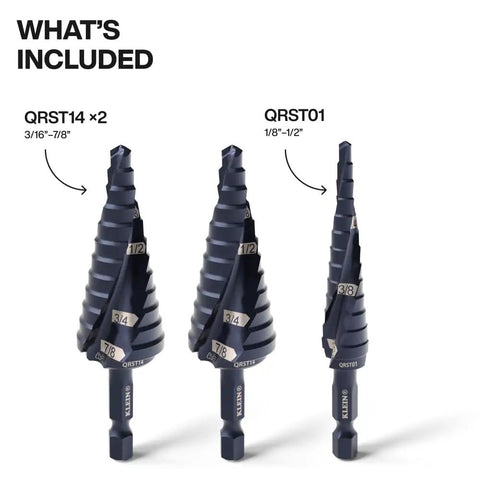 Quick-Release Step Bit Set For Impact Drills, Klein Tools QRST2S, 3-Piece Kit with Aluminum Titanium Nitride Coating displayed vertically