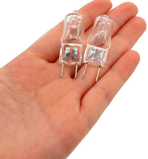 G8 Halogen Bulbs 10 Pack, 20W 120V Bi Pin Xenon JCD Type shown in hand for size comparison