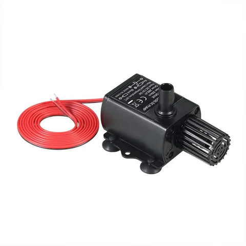 Mini Submersible Aquarium Pump DC 12V 5W Quiet Water Circulation With 3m Head, red cord, copper coil design for pond and fish tank.