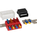 M10 100A 32V Fuse Block Terminal Mount Busbar For Car Boat Marine DC Systems, four fuse positions shown with connectors