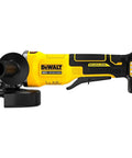 Rock Solid 20V Max Brushless Cordless Angle Grinder With 4 Inch Guard and responsive paddle switch, side view.