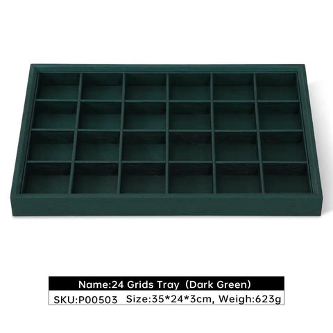 Top Tier PU Leather Jewelry Display Tray Featuring Twenty Four Secure Grid Slots For Rings Earrings And Brooches in dark green color.