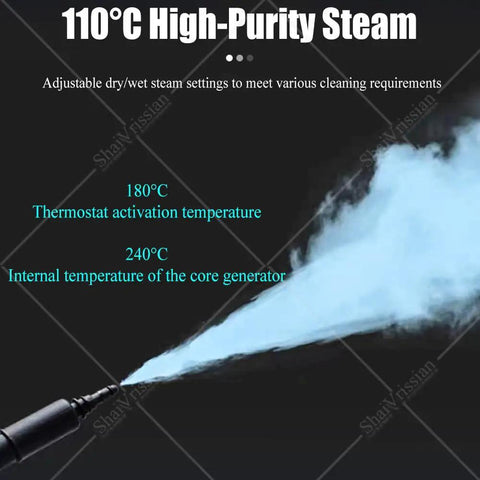 Heavy Duty Portable Steam Cleaner 3.5 Liter Large Tank High Pressure Steamer emitting high-purity steam from nozzle.