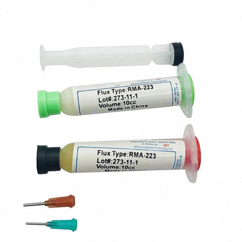 Two Piece Flux Solder Paste Set RMA-223 10cc Soldering Repair Tool with green and red caps and needle tips