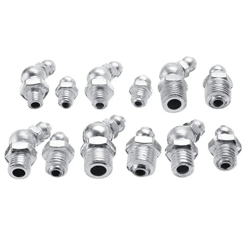 130 Piece Grease Nipple Assortment Kit With Galvanized Metal Hydraulic Fittings in different sizes and angles.