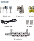 Heavy Duty Automatic Wire Stripping And Cutting Machine For 0.1 To 8Mm2 Cable showing guide tubes, rollers, blades, power cord, and straightener.