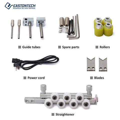 Heavy Duty Automatic Wire Stripping And Cutting Machine For 0.1 To 8Mm2 Cable showing guide tubes, rollers, blades, power cord, and straightener.