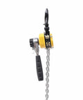 Side view of Mini Chain Hoist With G80 Chain, Ratchet Lever Come Along Hoist With Hook, Portable Adjustable Length, metal chain visible