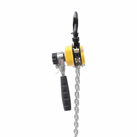 Side view of Mini Chain Hoist With G80 Chain, Ratchet Lever Come Along Hoist With Hook, Portable Adjustable Length, metal chain visible