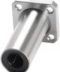 Rock Solid Flange Linear Bearings Pack Of Four Precision Ground Ball Bushings Built Tough For Daily Shop Use On Any Cnc Machine Or 3D Printer While Keeping Your Rig Running Smooth As Silk, showing a close-up of the bearing with metal flange.