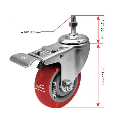 Smooth Cruising 4 Inch Red Polyurethane Caster Wheels With Dual Locking Brakes And Threaded Stem Mount Built Tough For Heavy Loads Totally Silent Non Marking Rollers Pack Of Four