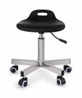 Heavy Duty Swivel Stool With Rock Solid Metal Build And Smooth Rolling Wheels For Studio Or Cleanroom Use Adaptable Design To Handle Your Daily Grind Without Breaking A Sweat, with black padded seat and silver base.